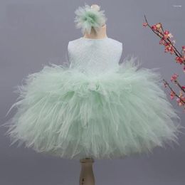 Girl Dresses Green Puffy Flower Dress For Wedding Sleeveless With Feather Knee Length Cute Princess Kids Party Ball Gowns