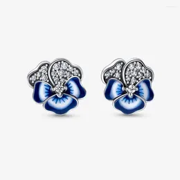 Stud Earrings 2024 925 Sterling Silver Blue Pansy Flower For Women Original Jewellery Crystals Ear Brincos