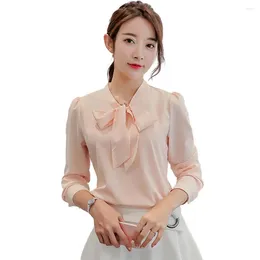 Women's Blouses Blouse For Womens Elegant Bowknot Lace-up Collar Shirt Tops Long Sleeve Solid Color Casual Chiffon Blusa Mujer Moda 2024