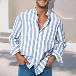 Men's Casual Shirts Men Shirt Long Sleeve Stand Collar Loose High Elasticity Dress-up Stripe Printing Striped Linen Buckle Top