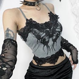 Women's Tanks Butterfly Skull Print Contrast Lace Spaghetti Strap Sleeveless Cami Tank Crop Tops Gothic Punk ALt Top