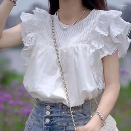 Women's Blouses White Blouse Women Summer Ruffle Lace Double Layer Flying Sleeves Shirt Sweet Versatile Loose Sleeveless Tops