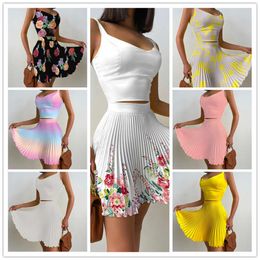 Designer women's clothing New fashion floral print camisole and pleated skirt set Sexy short skirt Summer Womens Top Swing Dress clothing ladies dressesT7RJ