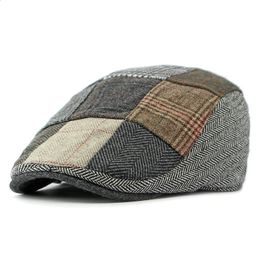 Retro Mens Berets Hat Autumn Patchwork Plaid Peaked Hat Gatsby sboy Cap Women Wool Flat Cabbie Ivy Cap Twill Herringbone Hat 240127