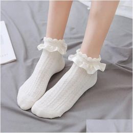 Socks Hosiery Women Womens Lolita Ruffle With Frill Black White Kawaii Cotton Lace Low Cut Cartoon Sweet Girls Drop Delivery Apparel U Otue6