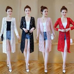 Women's Blouses 2024 Korean Female Medium Long Shawl Coat Fashion Hollow Lace Thin Cardigan Sun Protection Shirt Summer 4XL Y175