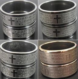 Whole 100pcs Top Mix Religious Rings Engarved Jesus Prayer Stainless Steel Ring Etched Men Religion Faith Ring Church activity15285671534