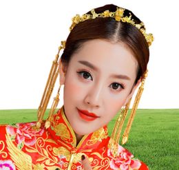 Classical Headwear Chinese Style Wedding Hair Accessories Phoenix Coronet Gold Colour Hairpins Earrings Bridal Crown JCE0677022039