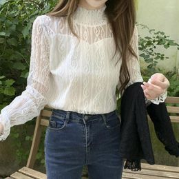 Women's Blouses Sweet Loose Women Clothes Korean Lace White Blouse Fashion Half High Collar Lady Tops Vintage Long Sleeve Shirt NS5796