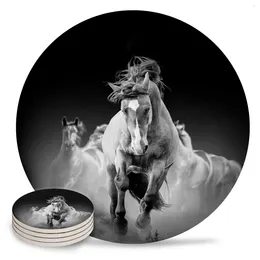 Table Mats Animal Horse Running Black Round Coffee Kitchen Accessories Absorbent Ceramic Coasters
