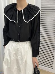Women's T Shirts Korean Style Pleated Ruffle Edge Doll Neck Shirt Fashion All Match Black Casual Blouse Women 2024 Spring Summer X774
