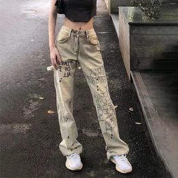 Women's Jeans Alphabet Embroidery Streetwear High Street Loose Straight Denim Pants Y2k Trousers Overalls 2024