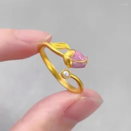 Cluster Rings Soild 14K Gold Colour Tulip Flower Living Ring For Women Bride Adjustable Wedding Engagement Pure Fine Jewellery Gifts