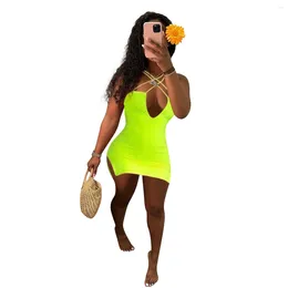 Casual Dresses Summer Women Fashion Neon Green Halter Sling Slit Mini Dress Ladies V-neck Sleeveless Party Nightclub Sexy Bodycon