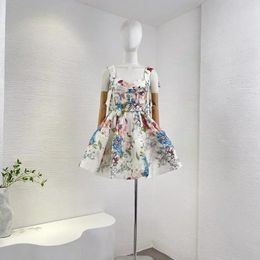 Casual Dresses Fashion Collection White Floral Print Sweet Vintage Mini Dress 2024 Shirred Sleeveless Lace-up Silk Linen Women Clothing