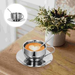 Dinnerware Sets Double Layer Tea Milk Cup Coffee Mug European Style Stainless Steel Cups With Saucers For Gift