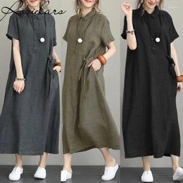 Party Dresses Plus Size 3XL 4XL 5XL 2024 Summer Dress Women Cotton Linen Pocket For Streetwear O-Neck Loose Solid Midi