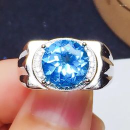 Cluster Rings Men Ring Natural Real Blue Topaz Round 925 Sterling Silver 5.8ct Gemstone Fine Jewellery For Or Women X232174