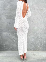 Casual Dresses Women Sexy Backless Knitted Dress White Hollow Long Sleeve V Neck Bodycon Elegant Party Evening Beachwear Street