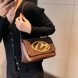 Evening Bags Brand Designer PU And Velvet Patchwork Women's Shoulder Bag Retro Metal Letter Crossbody Flap Handbag