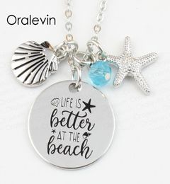 Whole LIFE IS BETTER AT THE BEACH Handmade Engraved Disc Pendant Charms Necklace Gift Jewelry 22MM10PcsLotLN1259359034