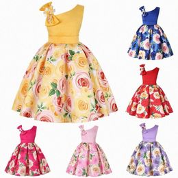 Girls Dresses Skew Shoulder Children one-piece Dress Rose Print Evening Holiday Performance Skirt Green Red Pink K2VX#