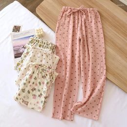 Women's Pants Muslin Cotton Gauze Sleep Bottoms Printing Women Spring Homewear Fashion Pajama Long Lace-up Trousers With Pockects
