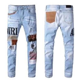 Amirs designer pants Mens Jeans purple jeans Heavy industry High Street Hole Star Patch Washed star embroidery panel trousers stretch Shredded Ripped