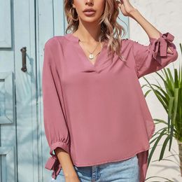 Women's Blouses Lasted Design Chiffon Solid V Neck Casual Bow Long Sleeved Shirt Elegant Loose Formal Women Blouse 2024 Autumn
