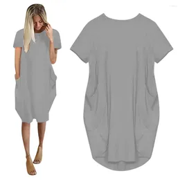 Casual Dresses Women's O Neck Pullovers Midi Dress Solid Colour Oversized Short Sleeve Hoodie With Pocket Robe Knee Length
