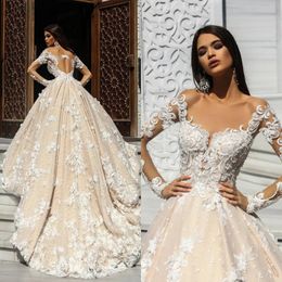 Stunningbride 2024 Arabic Vintage Wedding Dresses Scoop Neck Lace Long Sleeves Bridal Wedding Gowns Plus Size 3D Flowers Bride Dresses