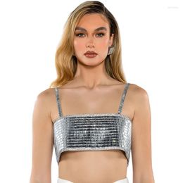 Women's Tanks YOUR BUMP CURVE Shiny Silver Rectangular Crystal Spaghetti Strap Backless Navel Short Top Sexy Women 2024 Summer Open Air