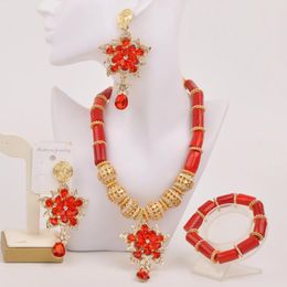 Necklace Earrings Set Fashion Flower Pendant Nigerian Wedding African Coral Beads Jewellery