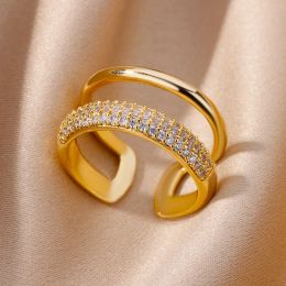 Zircon Double Layer Open 14k Yellow Gold Rings For Women Adjustable Ring Wedding Aesthetic Jewelry Gift Bijoux Femme