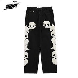 Vintage Pocket Skull Embroidery Straight Cargo Pants Men And Women Oversize Jeans Trousers Harajuku Streetwear Denim Pants 240125