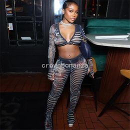 2024 Designer Sexy Tracksuits Women Mesh Two Piece Set Long Sleeve Printing Shirt Crop Top Leggings See Through Clothes Outfits Clubwear Wholesale Clothes