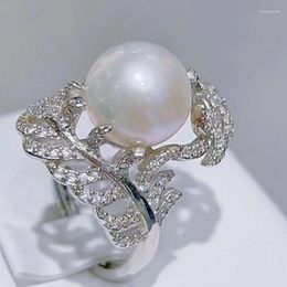 Cluster Rings SGARIT Fashion Leaves Wrapped Pearl S925 Silver Diamond Inlaid Ring White Edison Natural For Woman Party Gift