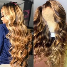 134 136 Highlight Lace Frontal Wigs Human Hair Honey Blonde Body Wave Front For Women 360 HD Full Wig 240127