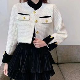 Korean Fashion Cropped Jackets Women Vintage Spliced Stand Collar Tweed Jacket Female Fall Single Breasted Streetwear Outerwear 240124