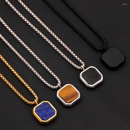 Pendant Necklaces Geometric Square For Men Natural Stone Solid Stainless Steel Polygon Necklace Casual Punk Boy Gift Jewellery