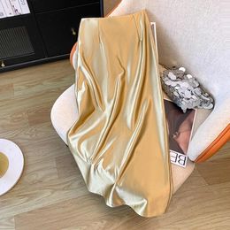 Skirts 2024 High Quality Spring Autumn Satin Midi Skirt Elegant Women Waist Golden Gloss Office Ladies Split Slim A Line