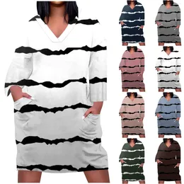 Casual Dresses Women's Fashion Simple Printed V-Neck Long-Sleeved Loose Soft Fabric Large Size Vestidos