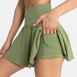 Women Tennis Skirt Sport Golf Ruffled With Shorts Fake Two Pieces Fitness Wear High Waist Breathable Dance Yoga Skort 240202