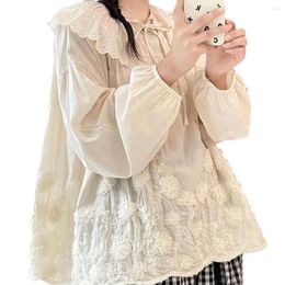 Women's Blouses Cute Lolita Jacquard Flower Lace-up Ruffles Collar Cotton Doll Shirt Women Loose Wide Blouse Top Female Bottoming