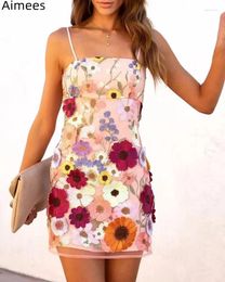 Casual Dresses Summer 3D Flowers Women Spaghetti Mini Dress Fashion Party Sleeveless Zipper Back Charming Gowns 2024