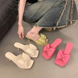 Dress Shoes High Heeled Slippers For Women With A Sense Of Design 2024 Summer Slim Heels Wearing French Fashion Bow Square Head