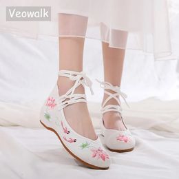 Veowalk Women Ankle Strap Cotton Fabric Ballet Flats Flowers Embroidered Ladies Casual Comfortable White Shoes Ballerinas 240202