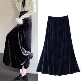 Skirts Retro Slim High-waist Skirt Elegant Rhinestone Decor Maxi For Women High Elastic Waist A-line Pleated Ankle Commute