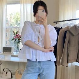Spring Summer Girls Bow Tieup Peplum Top in Cotton Puff Sleeve Ladies Black White Cute Blouses for Women Fashion 240130