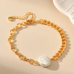 Link Bracelets 18K Gold Plated Metal Splicing Cuba Chain Women Bracelet Irregular Natural Shell Beads Summer Day Wear Simple Lady Jewelry